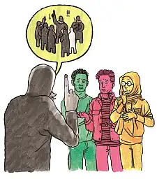 Eine Person zeigt den Zeigefinger nach oben, drei Personen schauen erschrocken. 